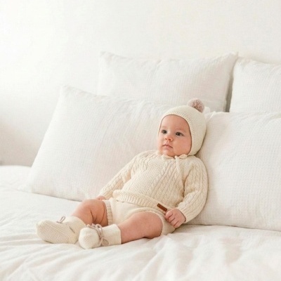 Bebé com roupa de malha creme sentado em cama branca com almofadas