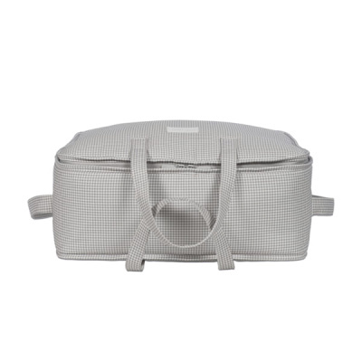 Bolsa quadrada xadrez cinzento e branco com alças e fecho de correr