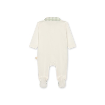 Macacão branco de bebé com gola xadrez verde