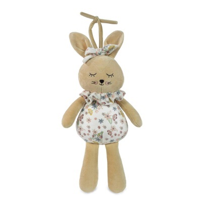 Boneco de peluche em forma de coelho com vestido floral e fita na cabeça