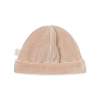 Gorro de bebé cor-de-rosa claro com textura suave e etiqueta com desenho de patinho