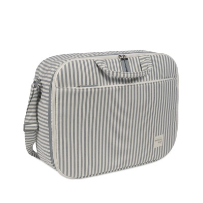 Mala riscada cinza e branco com alça e etiqueta WASHING MUM