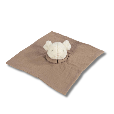 Doudou quadrado castanho com cabeça de rato de pelúcia branca