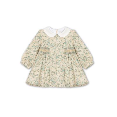 Vestido de bebé com padrão floral verde e bege e gola branca