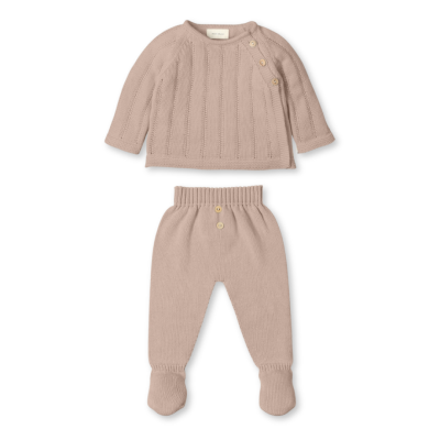 Conjunto branco bege de bebé em malha com camisola e calças