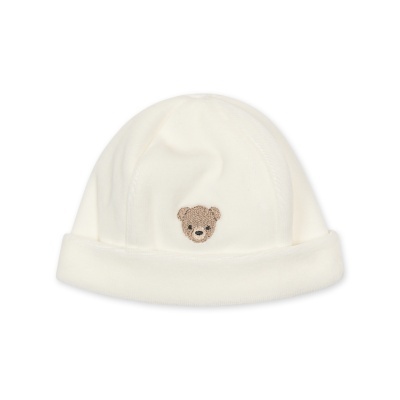 Gorro branco de bebé com bordado de ursinho castanho claro