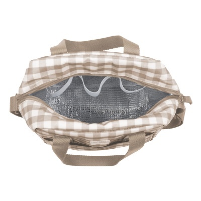 Saco térmico xadrez bege aberto mostrando interior isolado prateado