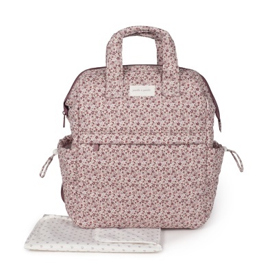 Mala mochila com padrão floral cor-de-rosa e vermelha com alças e fecho