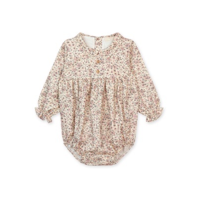 Body de bebé floral cor-de-rosa e bege com gola peter pan e botões