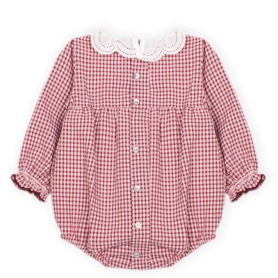 Body de bebé xadrez vermelho e branco com gola branca bordada