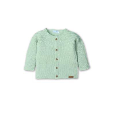 Casaco de malha verde claro para bebé com botões de madeira