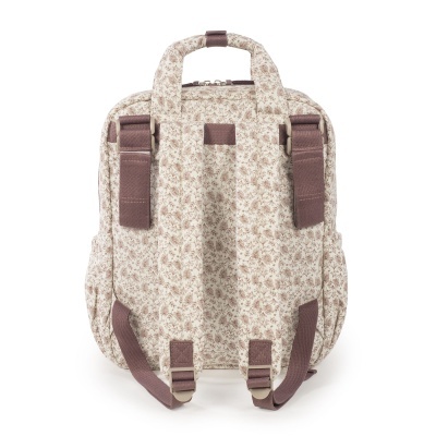 Mochila creme com padrão floral castanho e alças castanhas.