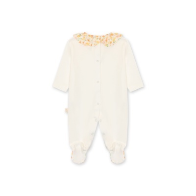 Macacão de bebé branco com gola floral e pézinhos fechados