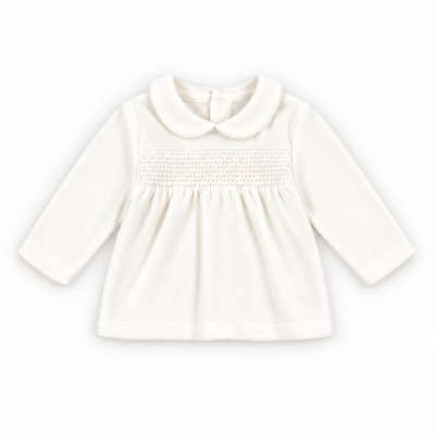 Camisola de bebé branca com gola redonda e faixa decorativa franzida