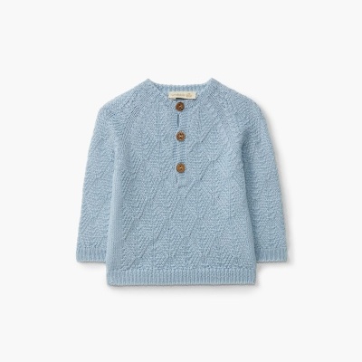 Camisola azul clara de malha para bebé com três botões de madeira
