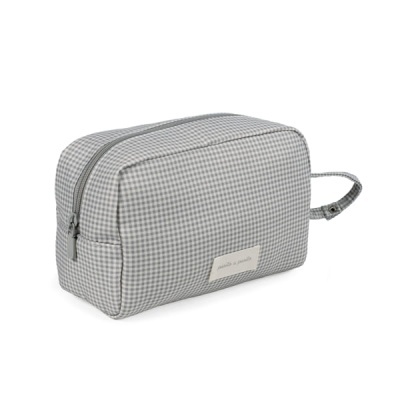 Necessaire xadrez cinza e branco com fecho e alça lateral