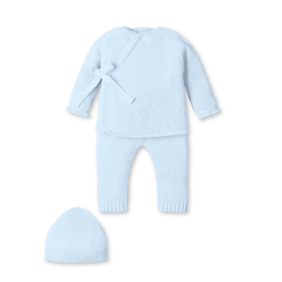 Conjunto bebé azul claro malha com camisola, calças e gorro