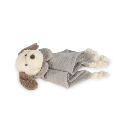 Brinquedo para bebé em forma de cão com peluche e tecido cinzento