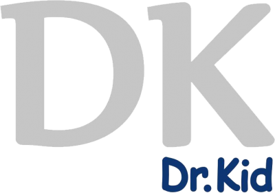 Logótipo com as letras DK cinza e Dr.Kid azul