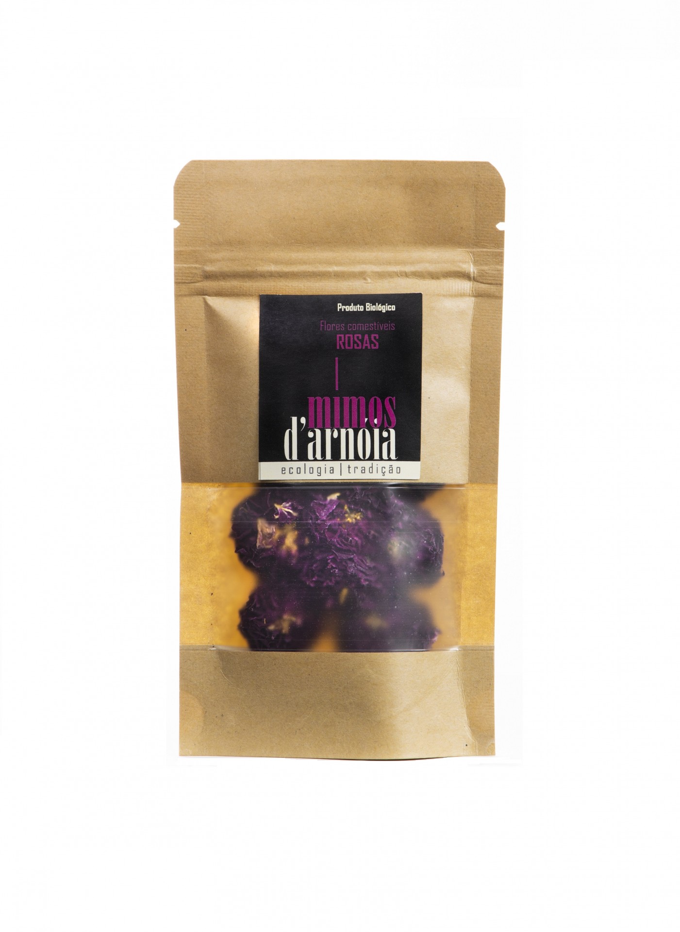 Rosas - Flor inteira desidratada comestível Embalagem de papel castanho com flores secas roxas visíveis e etiqueta preta com texto.