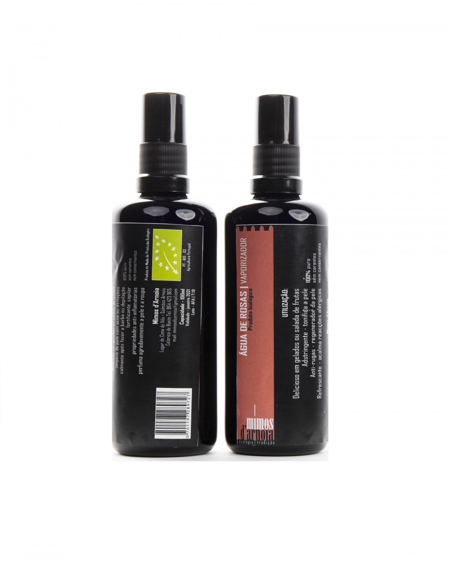 Água floral Rosas Duas embalagens pretas de spray com tampas pretas, uma com rótulo com texto e outra com código de barras