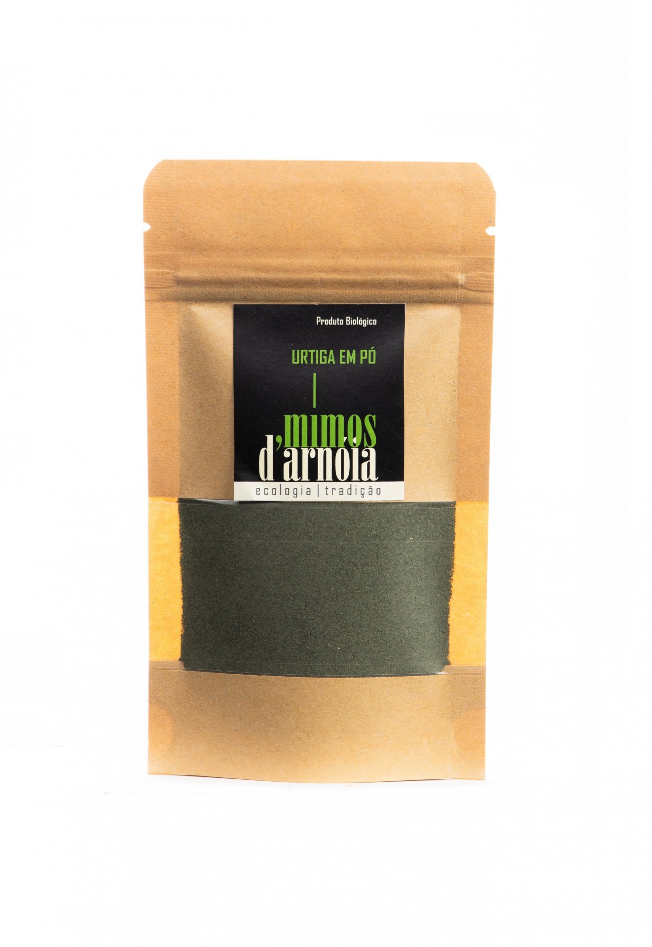 Urtiga em pó Embalagem de pó verde escuro com rótulo preto e texto em português