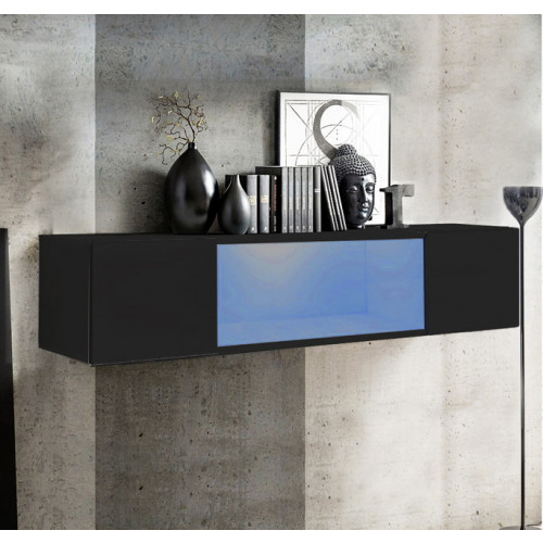 Móvel suspenso preto com porta azul, decorado com vasos, livros e escultura de Buda contra parede cinzenta de cimento