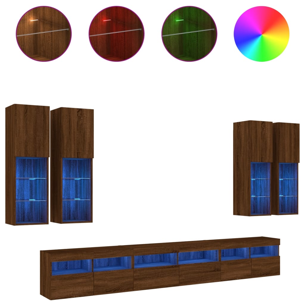 Conjunto de móveis madeira escura com vidro azul iluminado para sala de estar