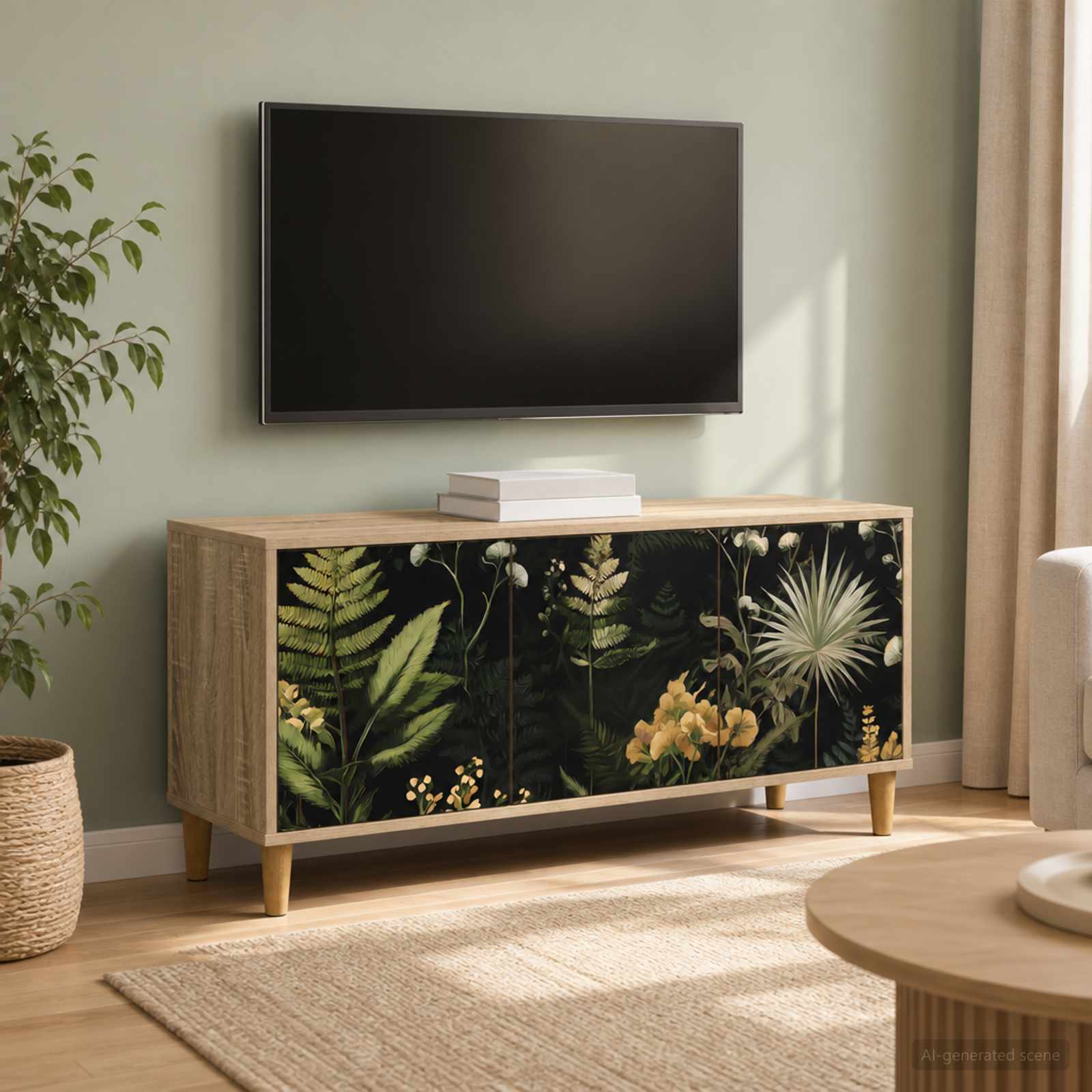 Aparador moderno com porta decorativa de plantas, televisão na parede e ambiente de sala acolhedora