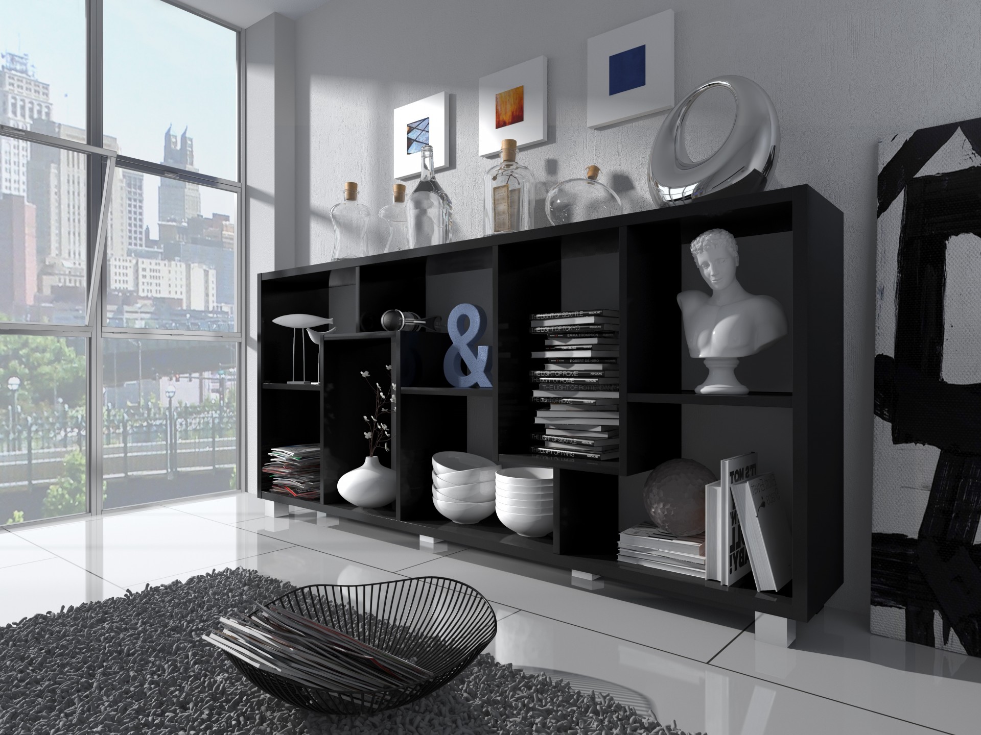 Móvel de armazenamento preto com decoração em sala moderna
