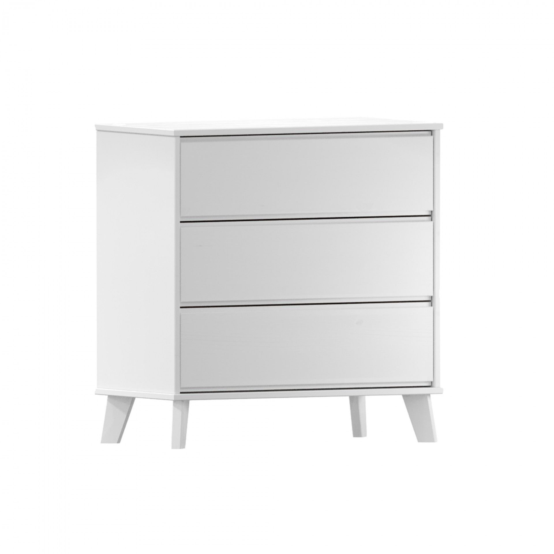 Cômoda branca de madeira com três gavetas e pernas ligeiramente inclinadas