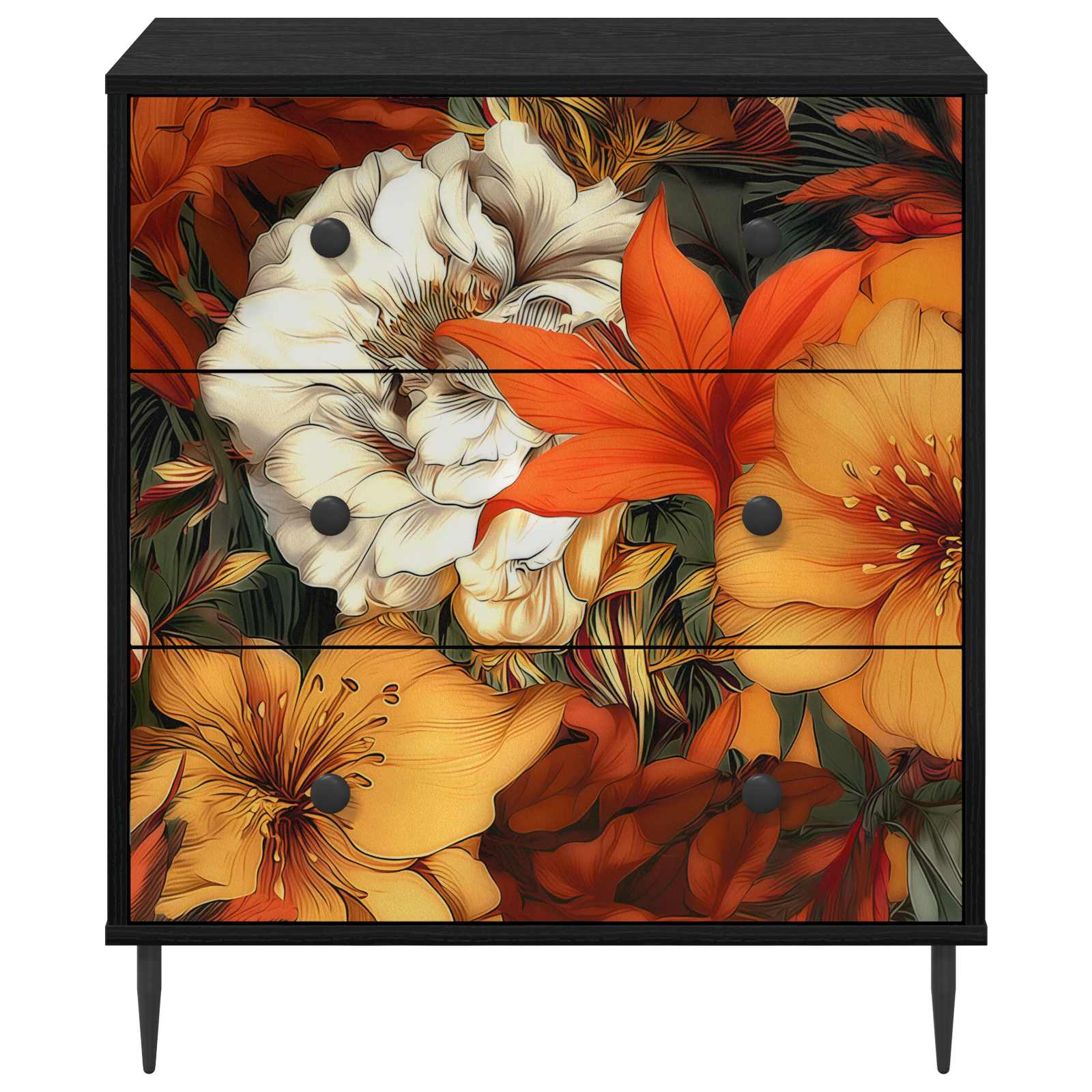 Cómoda preta com padrão floral laranja nas gavetas
