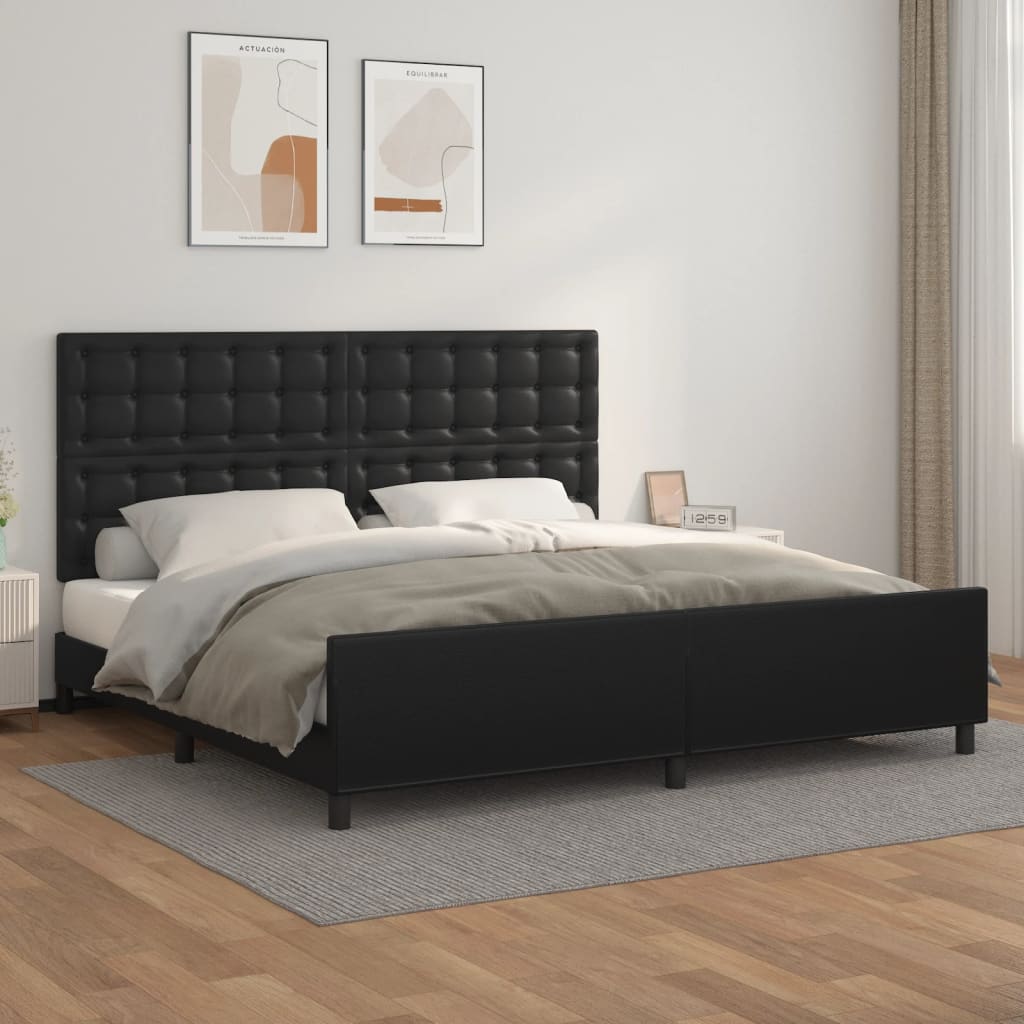 Cama de casal preta estofada com cabeceira em couro, roupa de cama clara, dois quadros abstratos e decoração de quarto minimalista.