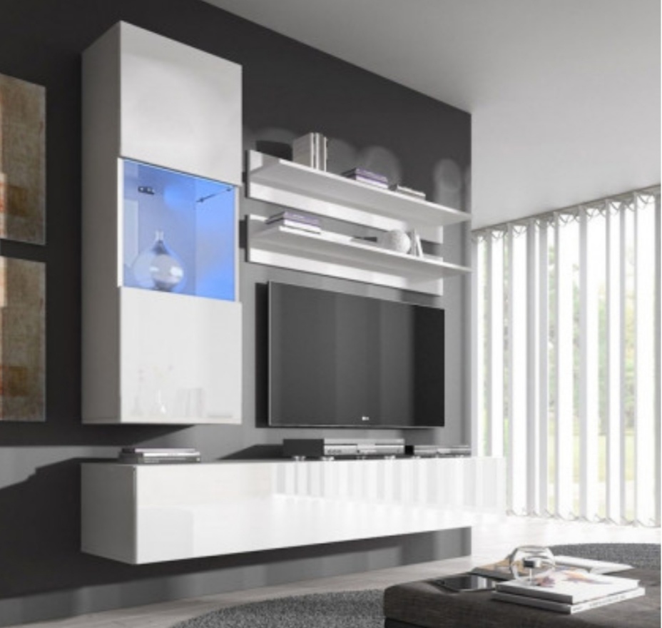 Móvel de sala moderno branco lacado com iluminação azul e TV numa parede cinza escura