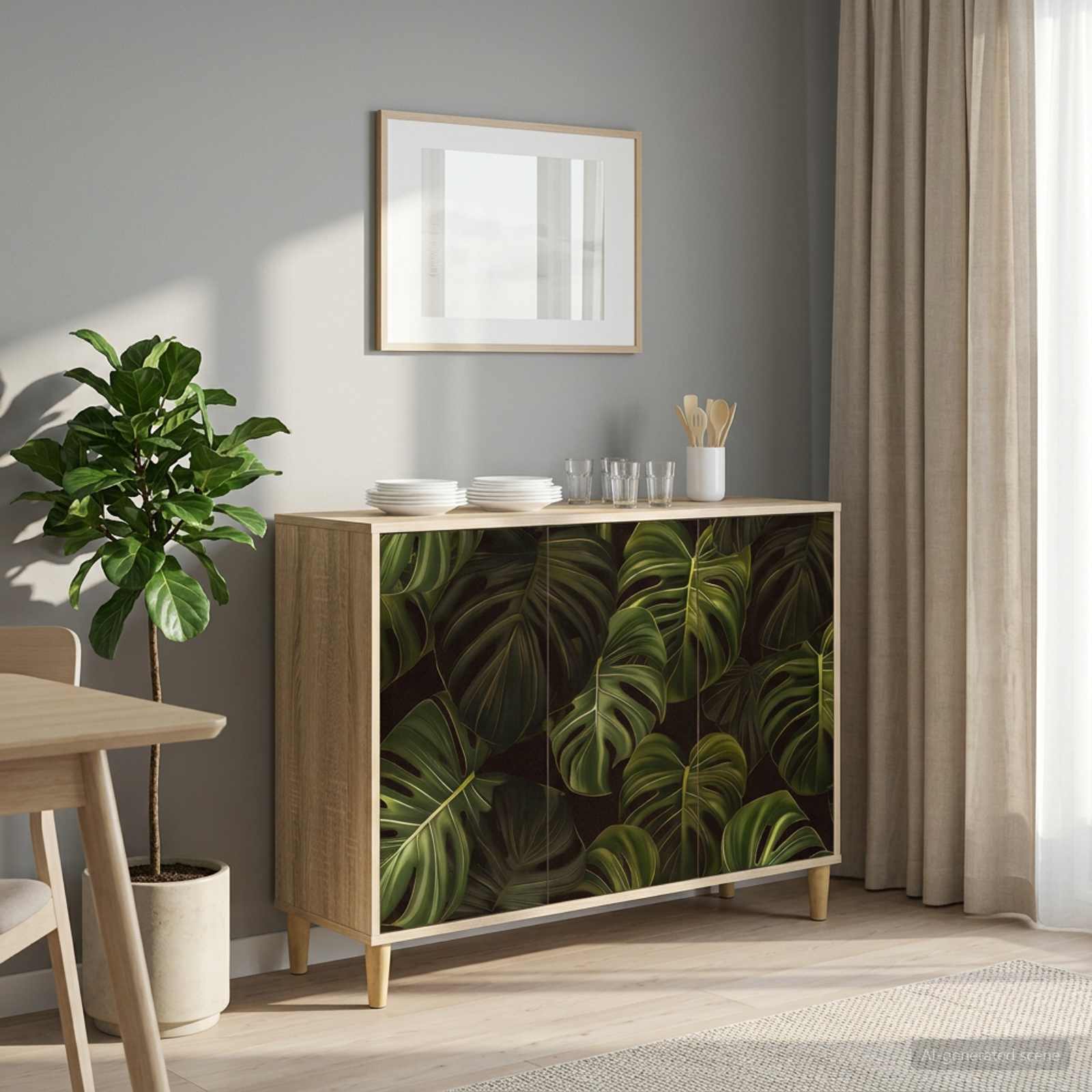 Aparador de madeira clara com padrão de folhas tropicais, utensílios e copos em cima, planta em vaso branco ao lado, parede cinzenta e cortinas bejes