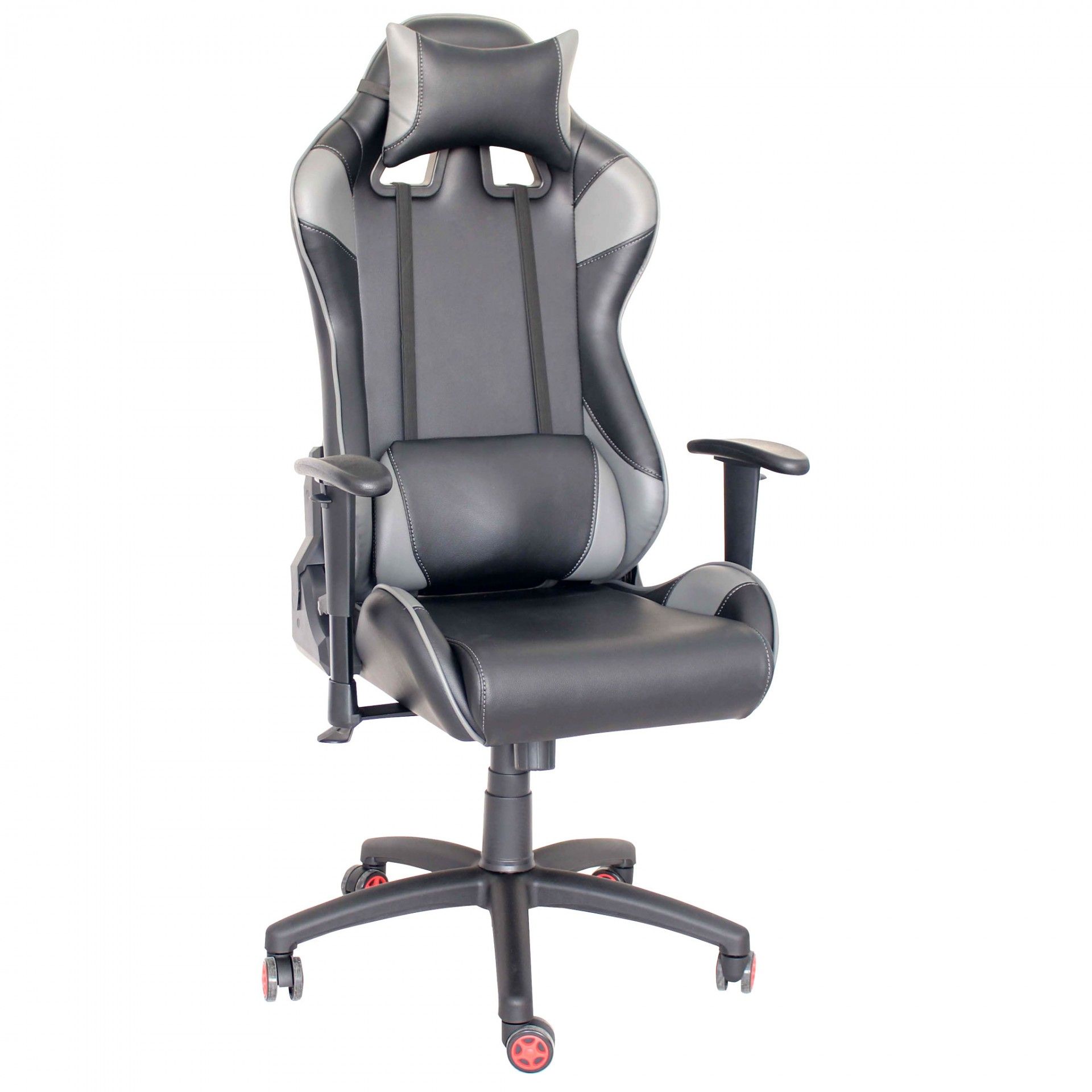 cadeira de escritório ergonómica preta e cinza com apoio de cabeça e lombar