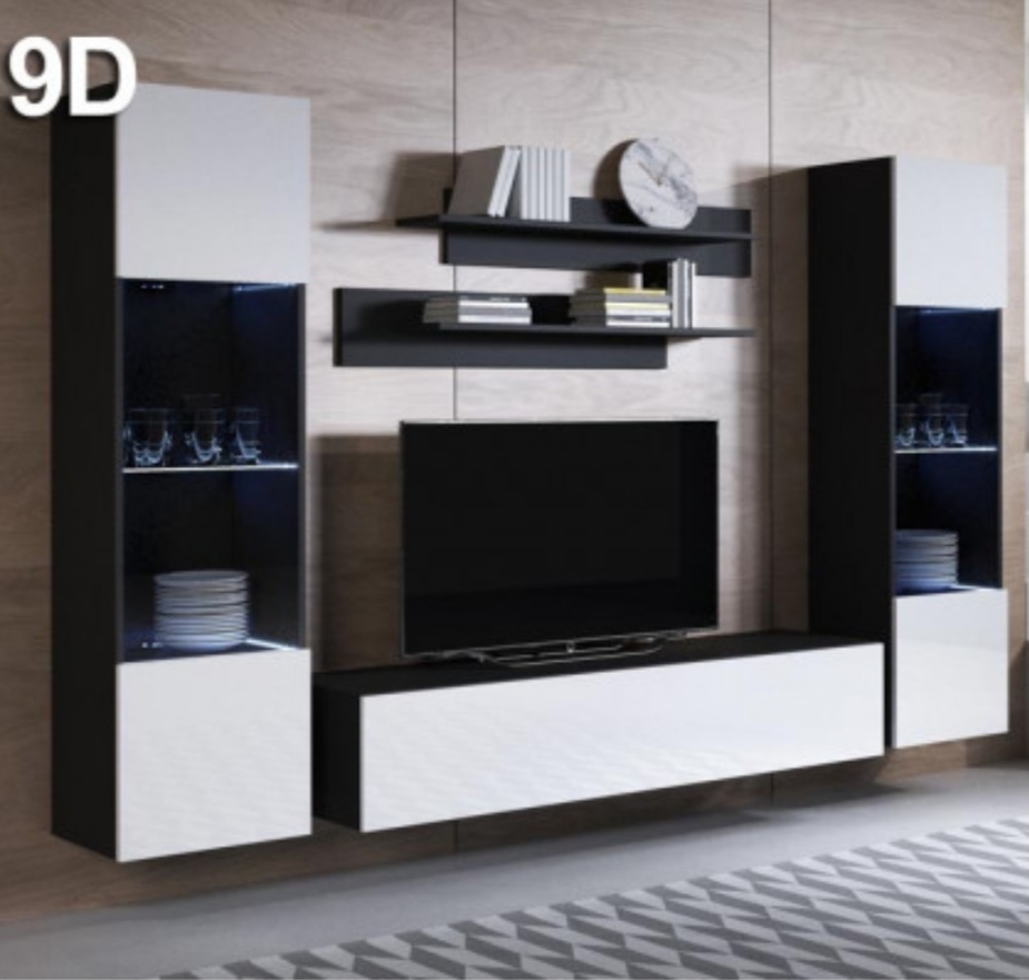 Conjunto de móveis para sala de estar preto e branco com TV e prateleiras suspensas