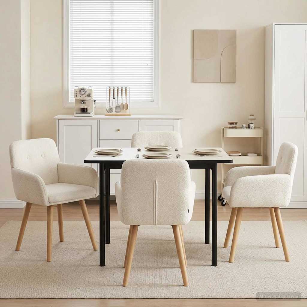 Mesa de jantar branca com pernas pretas e quatro cadeiras estofadas creme com pernas de madeira clara