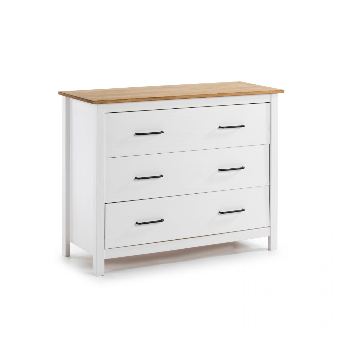 Cómoda branca com tampo de madeira e três gavetas com puxadores pretos