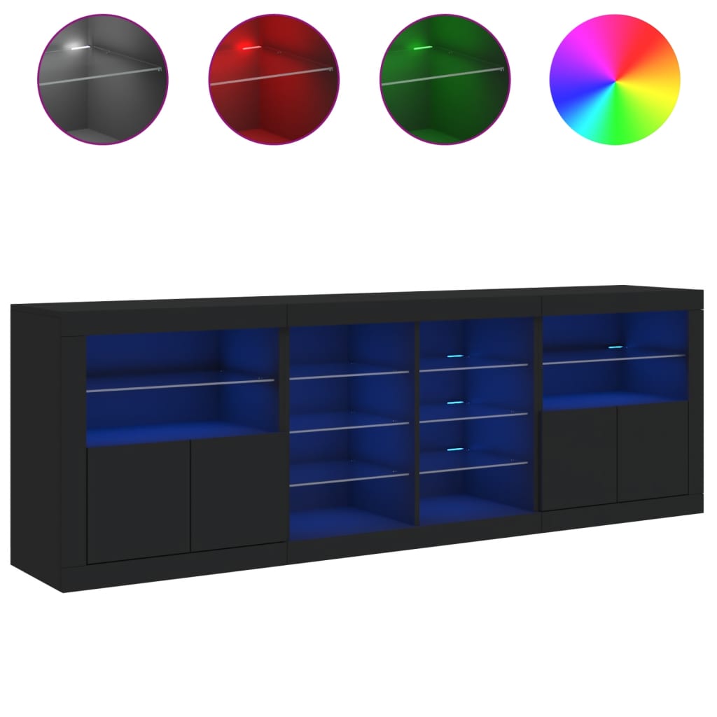 Móvel de armazenamento preto com interior azul e prateleiras abertas