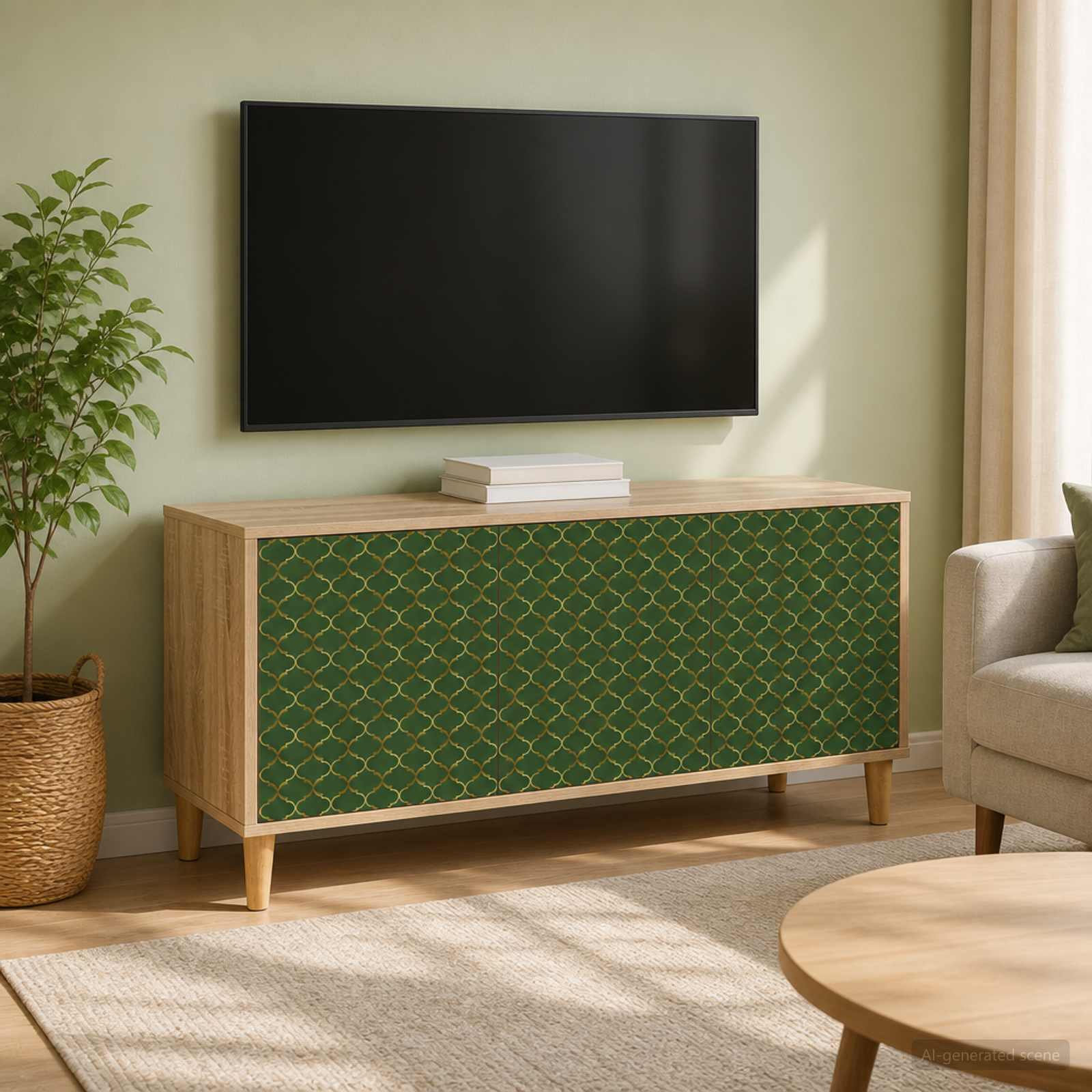 Televisão montada na parede acima de cómoda com portas verdes decoradas, planta em vaso de cesto e sofá bege