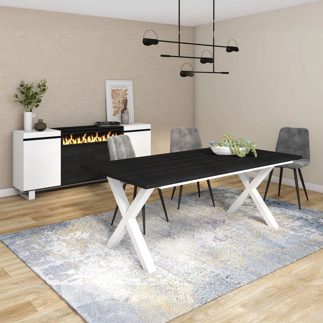 Sala de jantar com mesa preta e pés brancos, cadeiras cinzentas e móvel com lareira decorativa