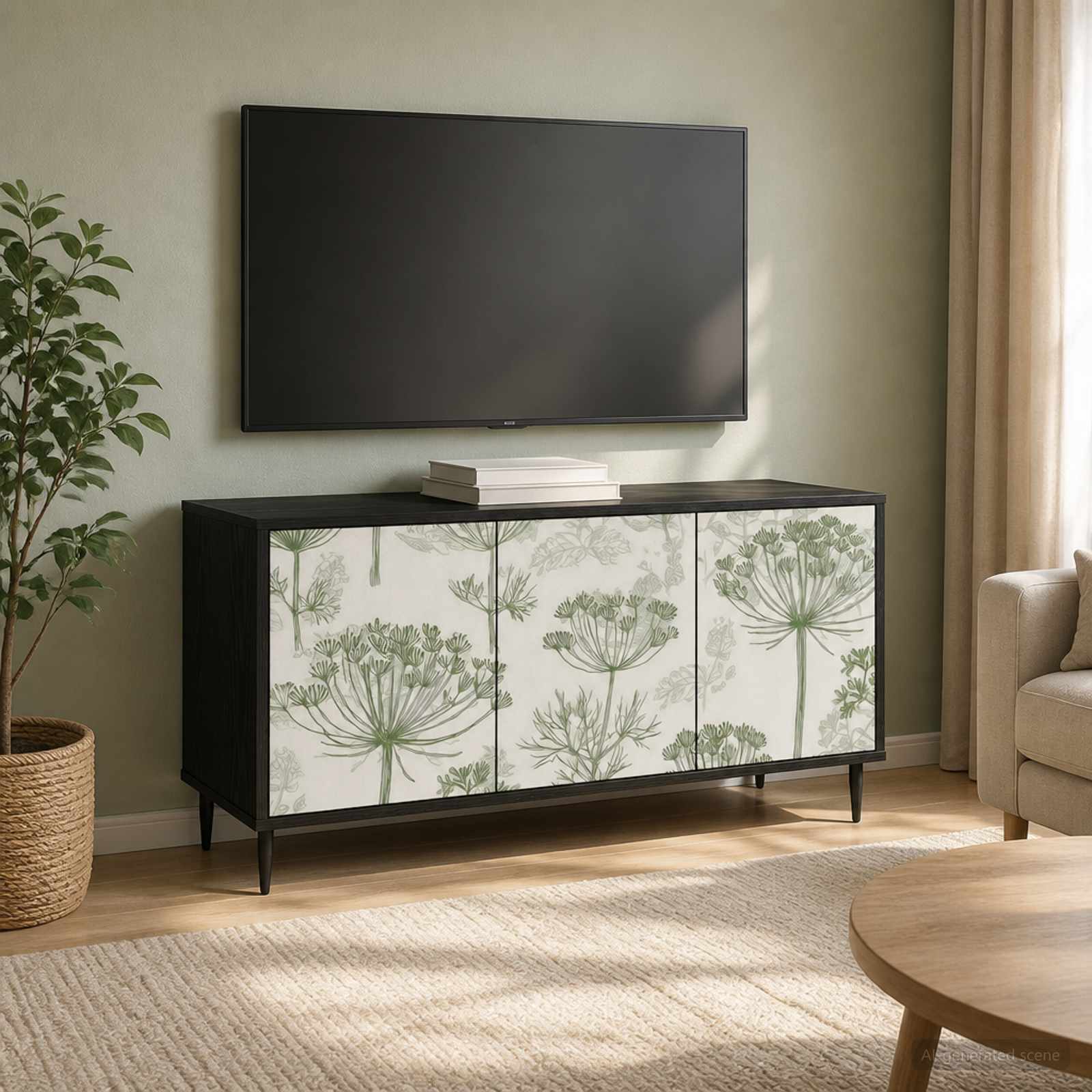 Móvel preto com portas decoradas com padrão verde, TV na parede, planta, livros e cortina bege