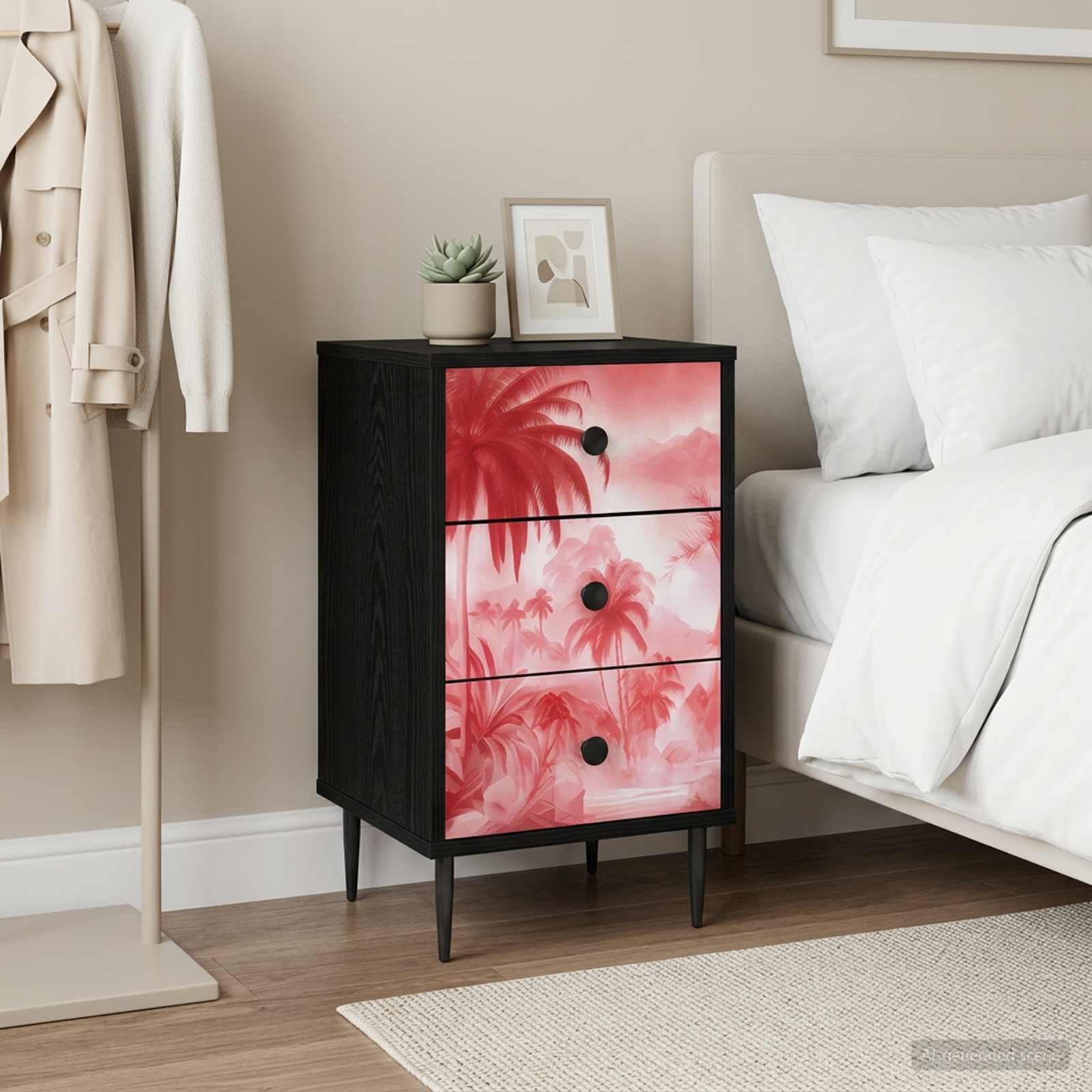 Cômoda de madeira preta com gavetas decoradas em padrão rosa de palmeiras ao lado de cama branca e cabide com roupa creme