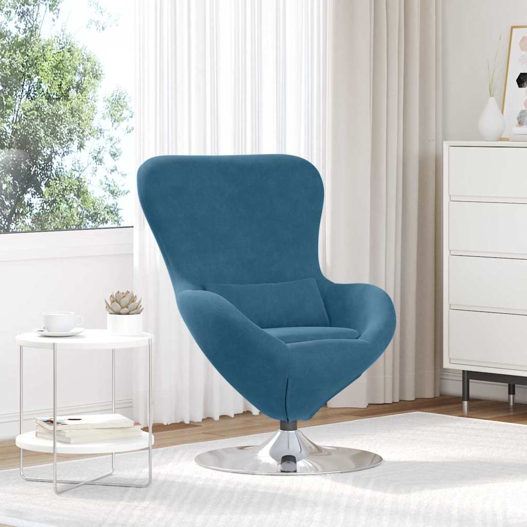 Cadeira azul com base metálica ao lado de mesa branca com chávena e planta