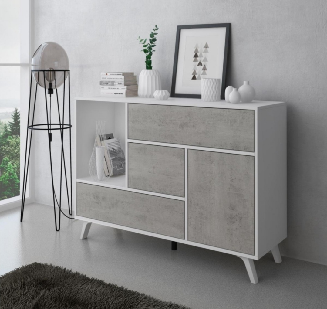 Aparador branco com frentes cinza que imitam betão, decorado com vasos e livros, em ambiente interior moderno