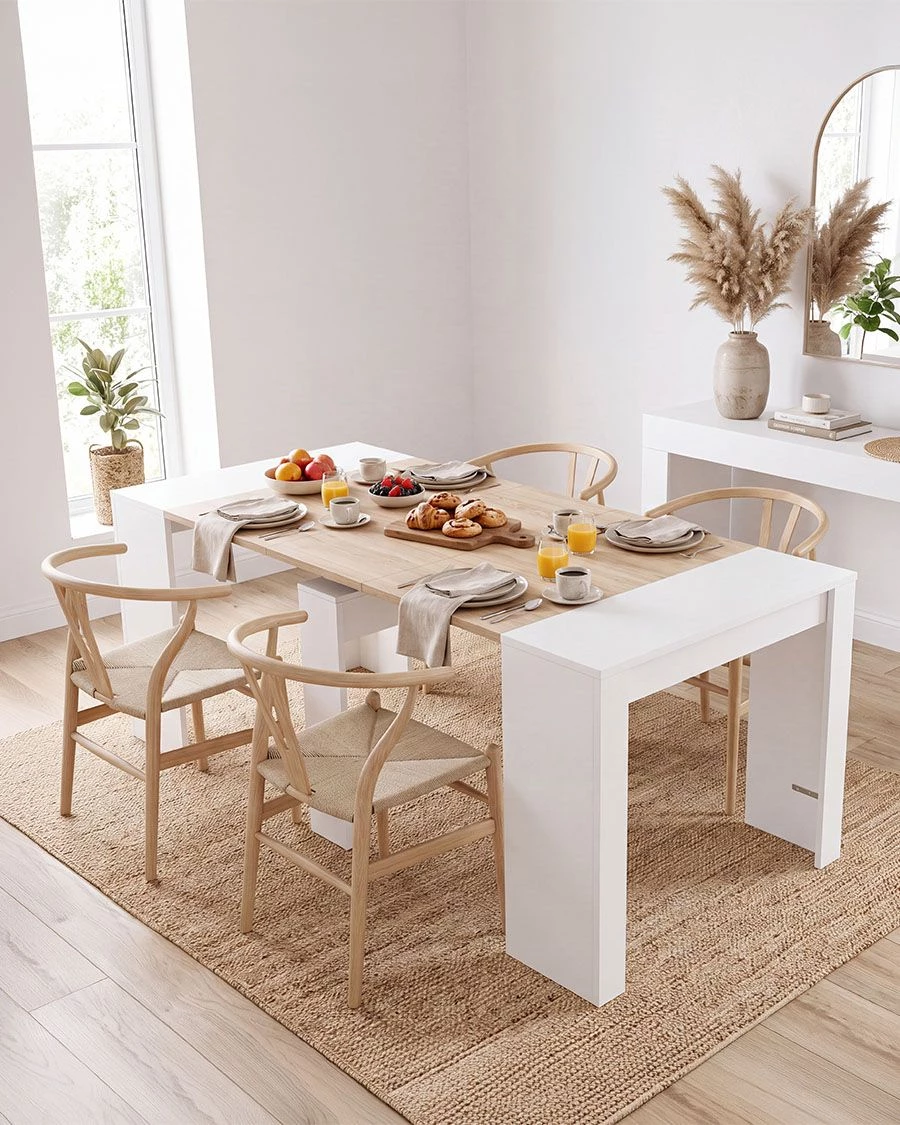 Mesa de jantar de madeira clara com cadeiras e decoração minimalista em sala branca