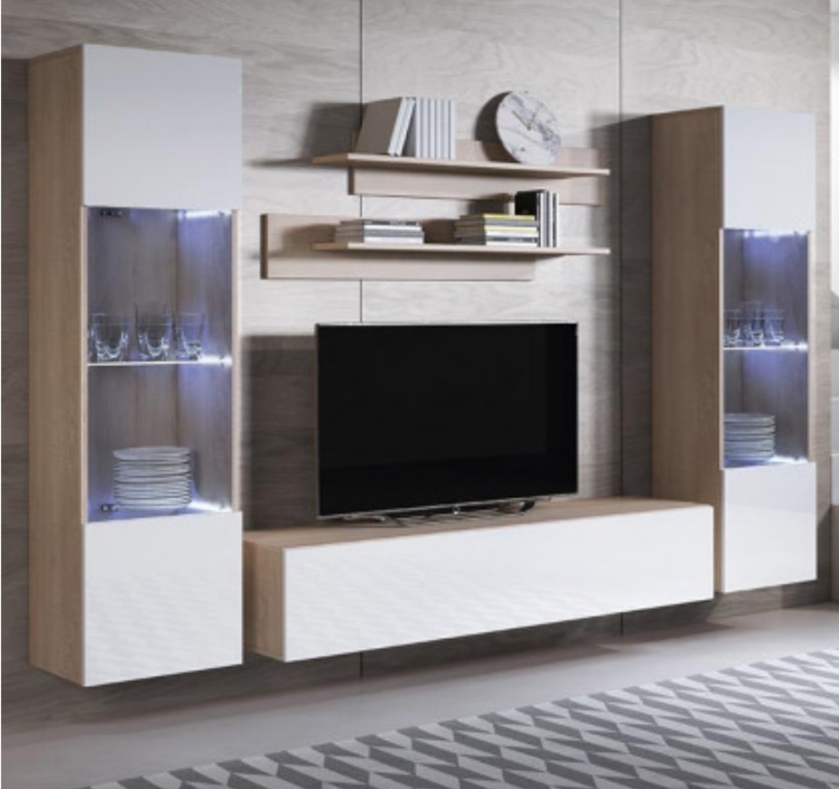 Móvel de sala de estar moderno em madeira clara e branco com iluminação nas vitrines