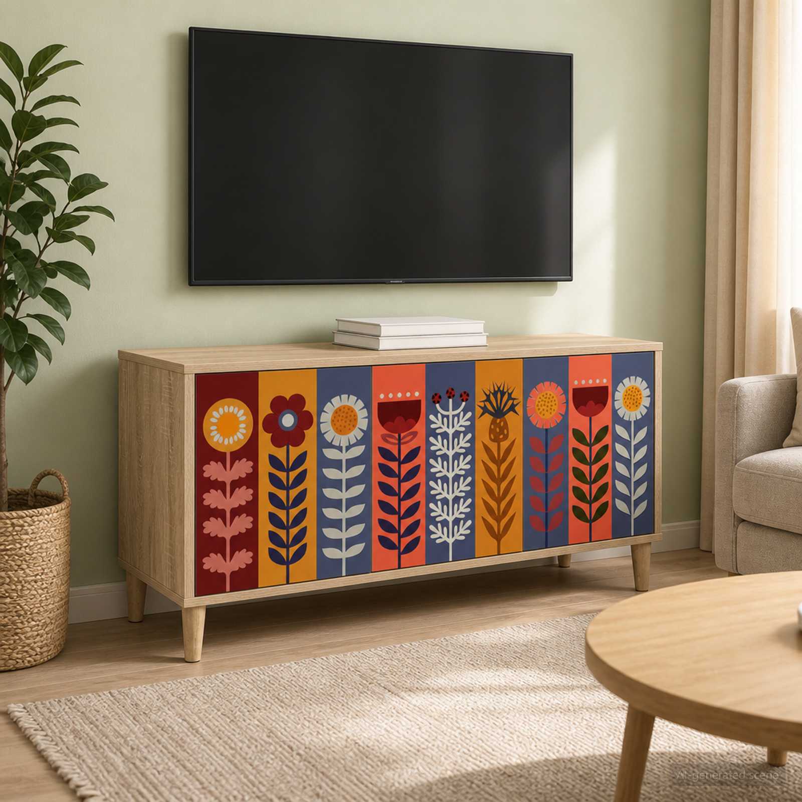 Móvel rústico de madeira com porta decorada com flores coloridas