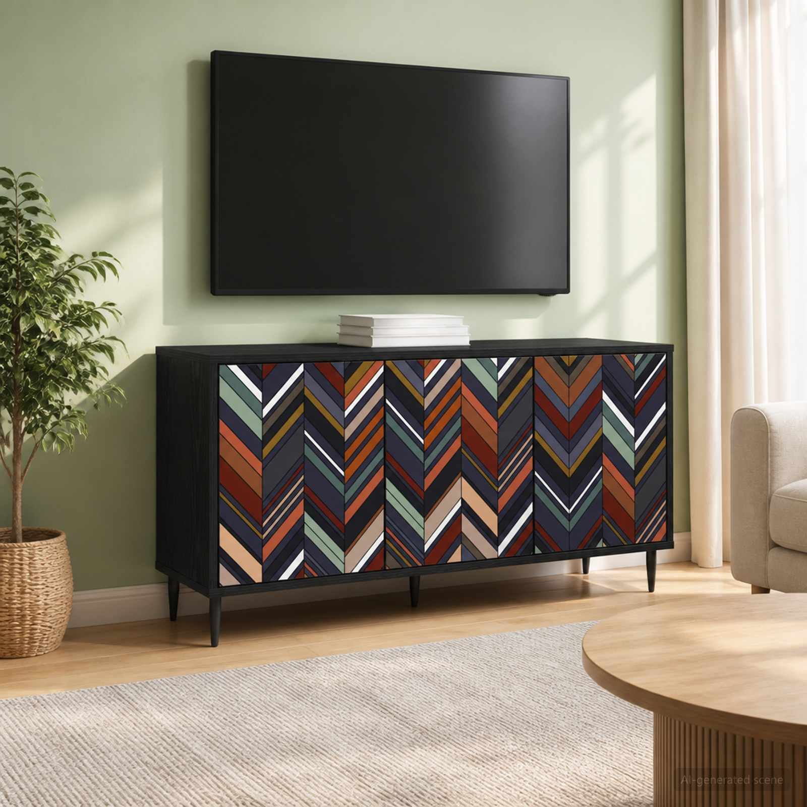Móvel preto com padrão colorido e TV preta montada numa parede bege.